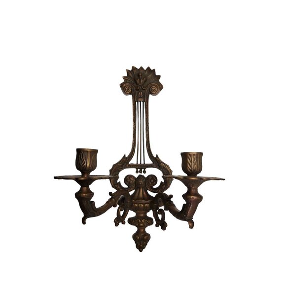 vintage early century heavy bronze ornate musical instrument theme candle sconce